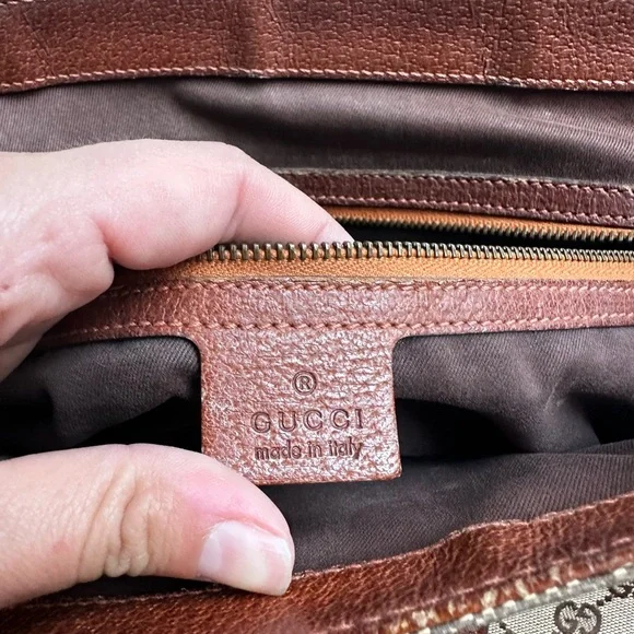 Vintage Gucci GG Logo Nailhead Tote Canvas Leather Tan Brown